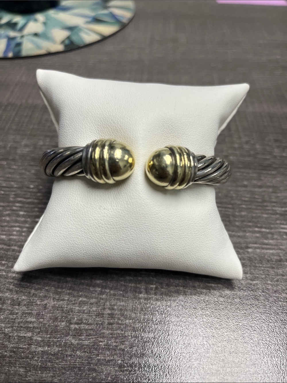 David Yurman 10mm Sterling Silver Hinged Cable Cuff Bracelet with 14k Gold Caps